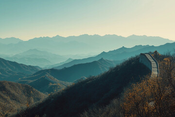 Stunning panoramic view of the great wall of china winding through majestic mountains asia blue vast