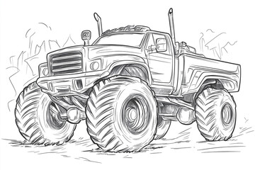 Kolorowanka dla dzieci - Ilustracja czarno-biała - Samochód na dużych kołach, monster truck