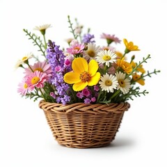 A tiny woven basket filled with vivid wildflowers
