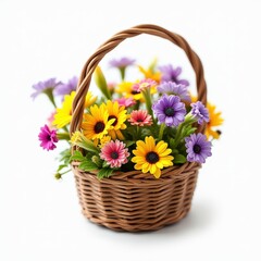A tiny woven basket filled with vivid wildflowers