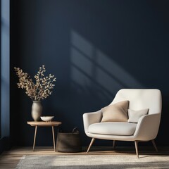 Modern living room features a comfortable armchair and decorative accessories