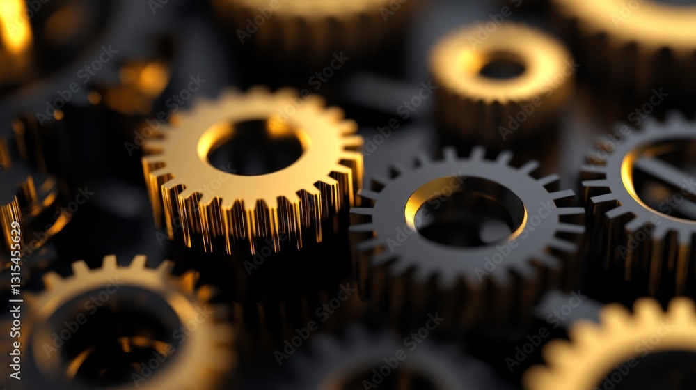 Poster close-up view of interlocking golden and black gears showcasing intricate mechanical design