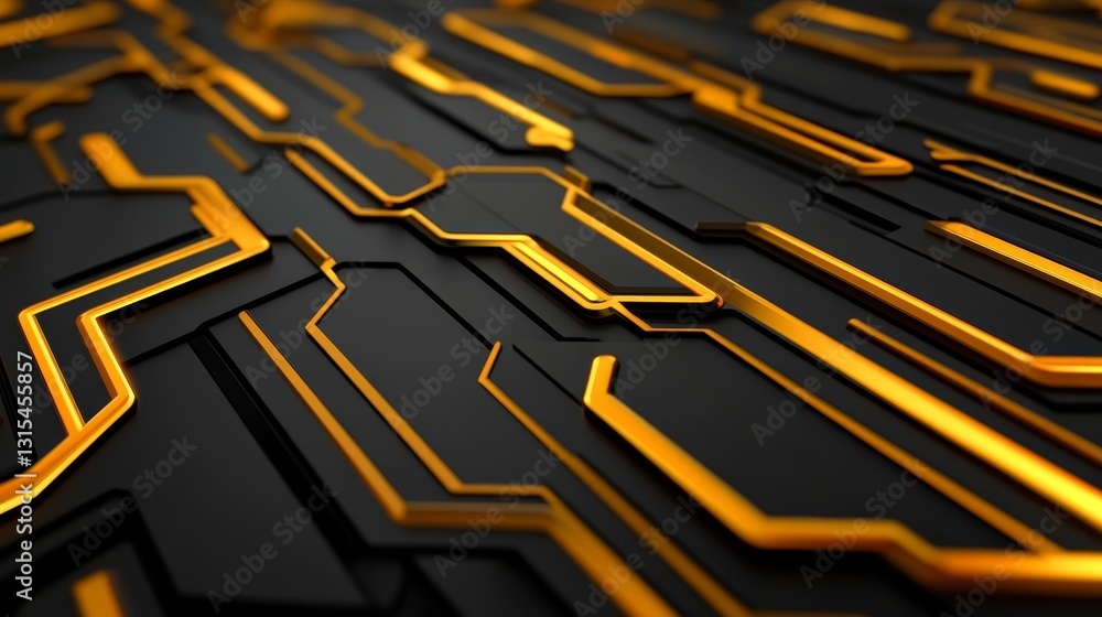 Poster abstract close-up of intricate black and orange circuitry design with glowing lines and depth