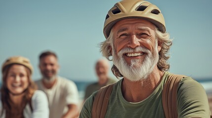 Fototapeta premium A happy senior man wearing a helmet, riding a bicycle with friends in the background.