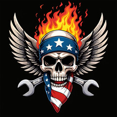 Fototapeta premium Biker vector t-shirt design with fire human skull with usa flag bandana, wings, flame, wrench on black background. Fashionable print for fabric, paper, men clothing, hoodie, jacket. T shirt template.