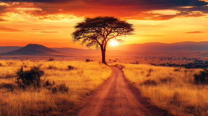 Fototapeta premium A stunning sunset over the African savanna with an acacia tree silhouette, casting golden light across the vast land