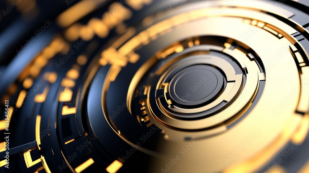 Poster abstract close-up of intricate golden and black circular patterns with a futuristic design