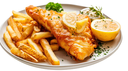 Crispy fried fish fillet with french fries, lemon, and tartar sauce on transparent background