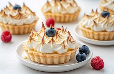 A beautifully presented lemon meringue tart with golden-brown peaks of toasted meringue, topped with a fresh blueberry