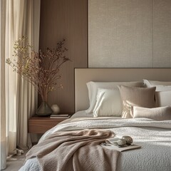 A bedroom scene featuring a bed with pillows and a decorative arrangement