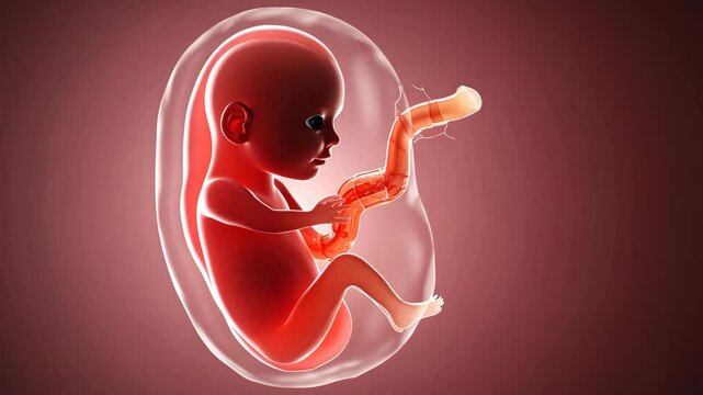Realistic 3D illustration of a human fetus developing inside the amniotic sac, connected to the umbilical cord, representing prenatal growth, pregnancy stages, and the early formation of human life.