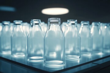 Row of Empty Glass Bottles on Conveyor Belt in Factory