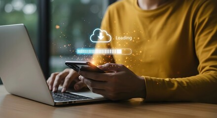 Man using a mobile phone to download data from cloud storage. Cloud technology and data storage