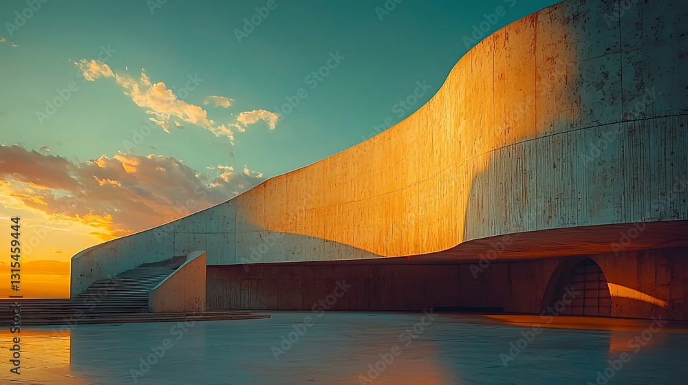 Poster modern architecture sunset golden concrete curve building