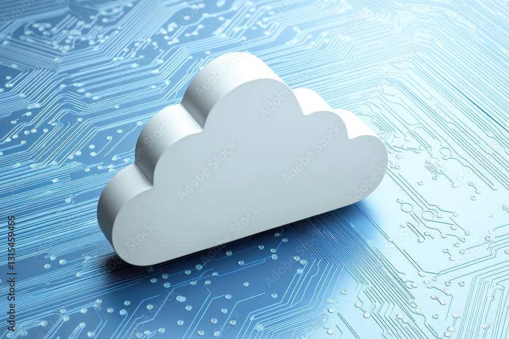 Poster white cloud icon on a circuit board representing cloud computing.