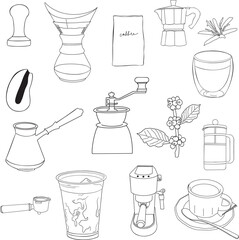 Coffe set of doodle outline vector illustrations Black and white line art Minimalist hand drawn design Coffee flower, coffee machine, espresso mug, moka pot, cezve, french press, coffee berries