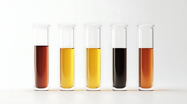 Various colored liquids displayed in test tubes on a white background for scientific analysis