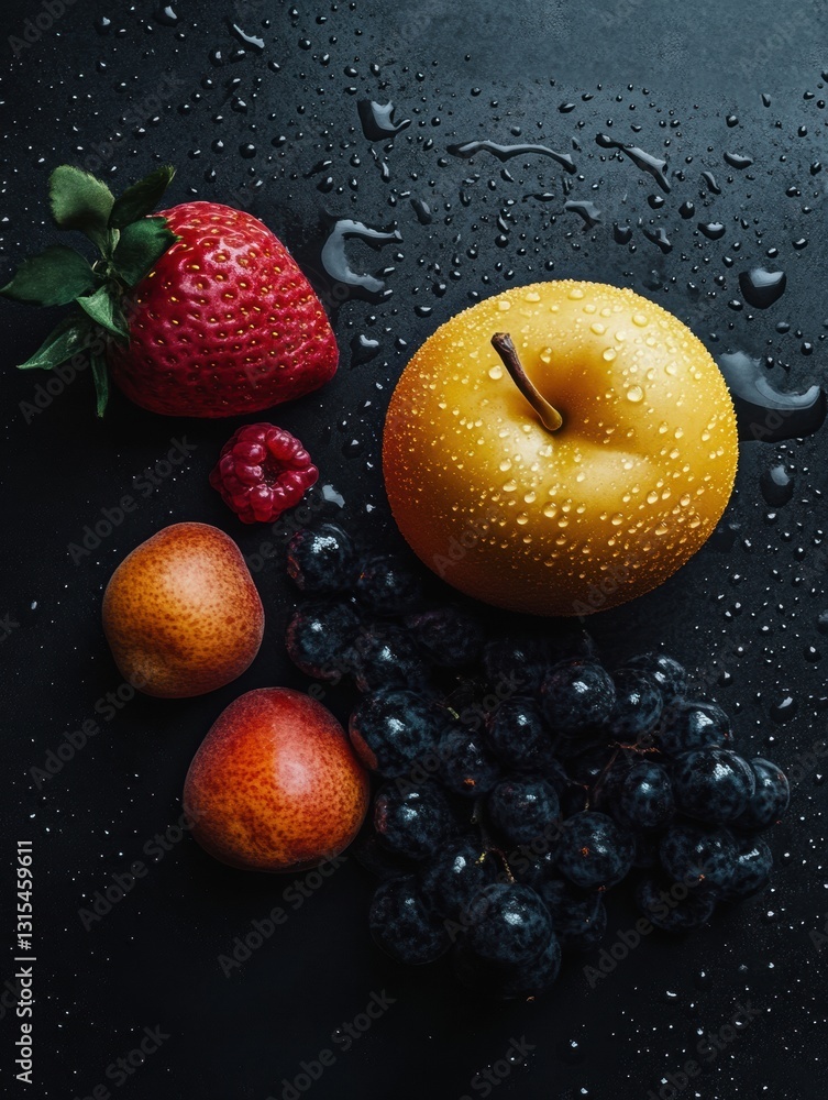 Poster fresh fruits arranged on a dark surface with water droplets for a vibrant and inviting display. gene