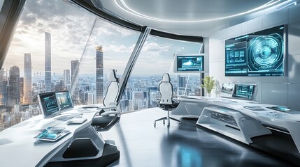 Fototapeta premium Realistic interior of a futuristic office space with advanced ergonomic furniture, interactive workstations