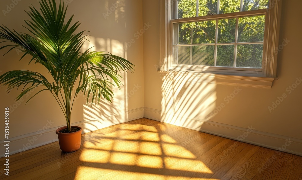 Poster sunlight streaming through a window casting shadows on a palm leaf