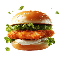Crispy Fried Fish Sandwich with Tartar Sauce and Lettuce Isolated on Transparent Background