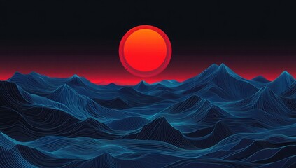 Sunset over stylized, wavy mountains