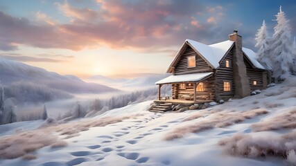 house in the mountains at sunset