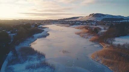 Obraz premium A serene aerial shot of a vast frozen lake, with soft winter clouds reflected on its surface, surrounded by snowy mountains.