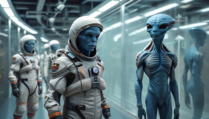 In a modern space habitat, a blue alien figure watches a group of astronauts in white suits prepare for their next scientific exploration. The atmosphere is tense with anticipation.