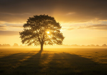 Fototapeta premium Majestic Sunrise: Solitary Tree in Misty Meadow
