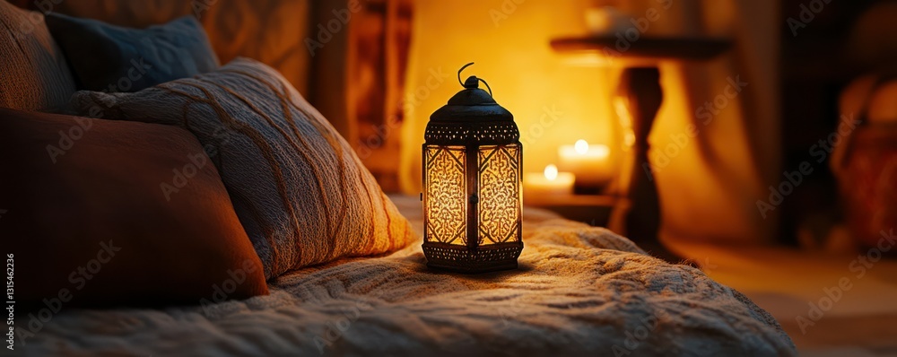 Poster warm glow of a lantern illuminating a soft background at dusk in a cozy setting