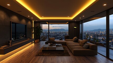 Modern Living Room with Panoramic City View at Dusk
