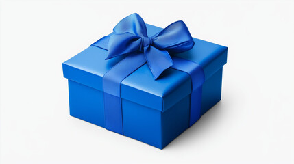 Fototapeta premium The blue gift box, adorned with a ribbon and bow, stands out against a clean white backdrop. 