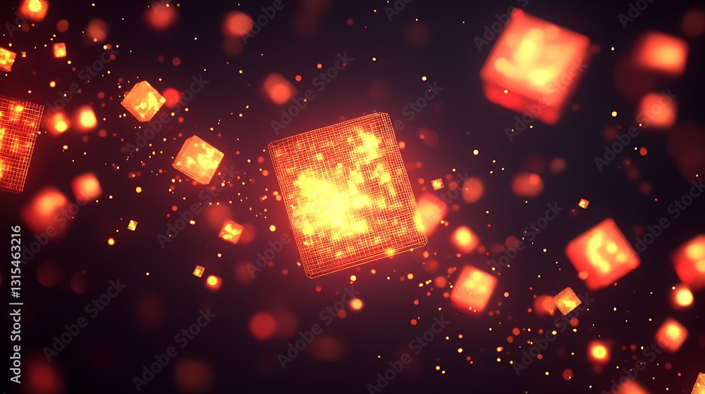 Poster glowing cubes float in dark space