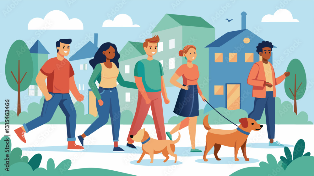 Poster a sense of community with the neighborhood dog walking group becoming a regular and beloved part of 