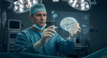 Surgeon using futuristic technology with brain scan in a digital interface for brain surgery. Medicine of the future, innovative healthcare, virtual reality