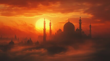 Obraz premium Majestic mosque silhouette at dawn, a serene representation of faith and culture