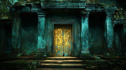 Ancient Temple Entrance with Golden Door at Night