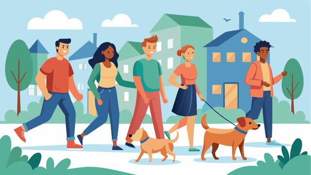 A sense of community with the neighborhood dog walking group becoming a regular and beloved part of the daily routine for both human and canine residents.. Vector illustration