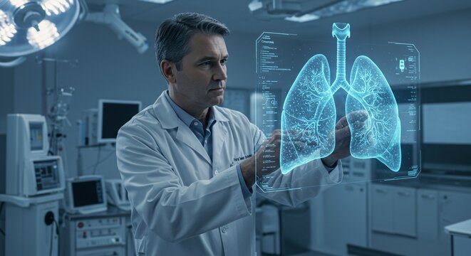 Man doctor using holographic lung scan in operating room to diagnose respiratory disease, showcasing medical technology for pulmonology clinic or science research.