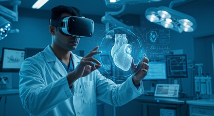 Man with vr headset examining heart hologram in operating room, doctor wearing virtual reality glasses for medical analysis and futuristic technology