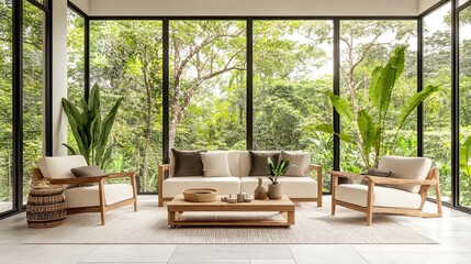 Tranquil living room, jungle view, modern furniture, natural light