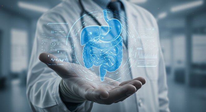 Man offering digital representation of human digestive system. Holographic gut science and medical diagnostics technology to promote healthy bowel concept.