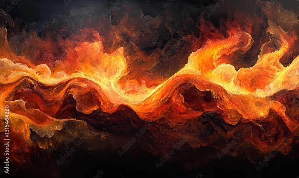 Poster dynamic flames roaring in a dark setting, their bold orange and red tones capturing movement and int