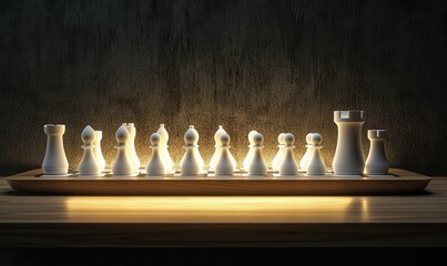 Elegant black-and-white minimalist chess set on a wooden table, illuminated by soft diffused lighting for a strategic and modern aesthetic