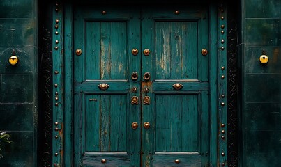 Fototapeta premium Closeup Of Weathered Teal Wooden Double Door With Ornate Gold Accents And Metal Details