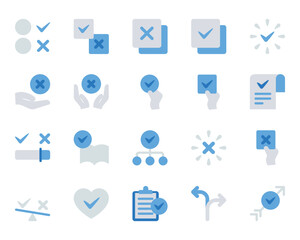 Blue color icons set for Choice accepted, checkmark, validation, check.