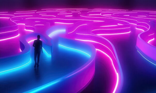 Futuristic maze with glowing neon pink and blue walls, featuring a lone person standing in the center, lost in thought.