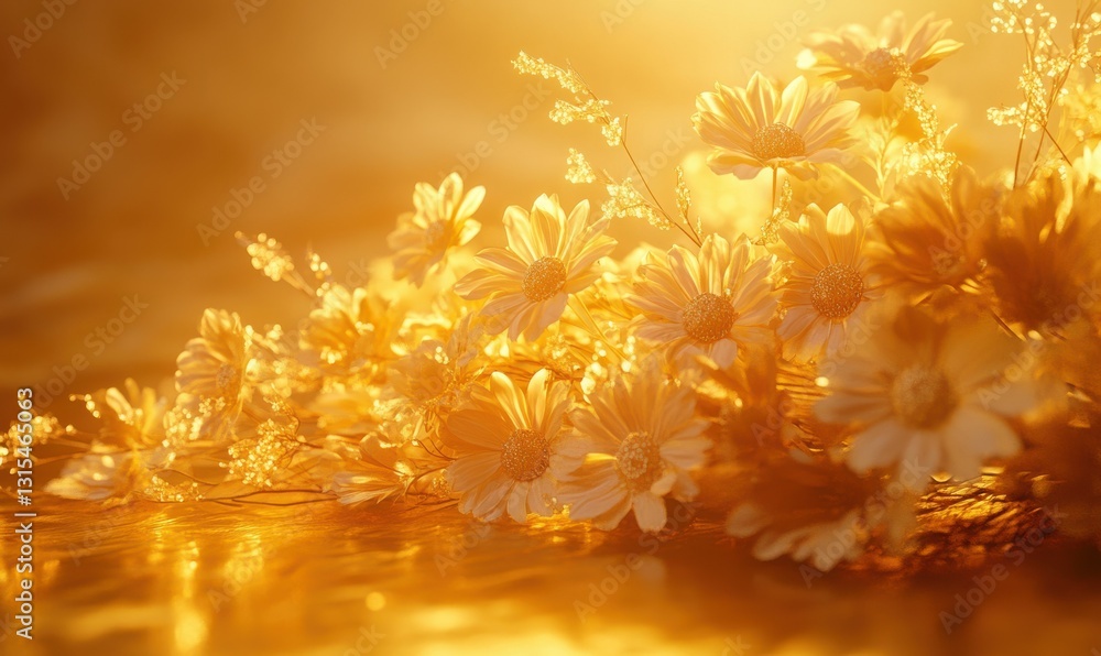 Poster golden flower arrangement resting on a textured warm background illuminated by soft natural light cr