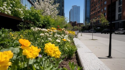 A street with a sidewalk and a row of yellow flowers. The street is lined with trees and buildings